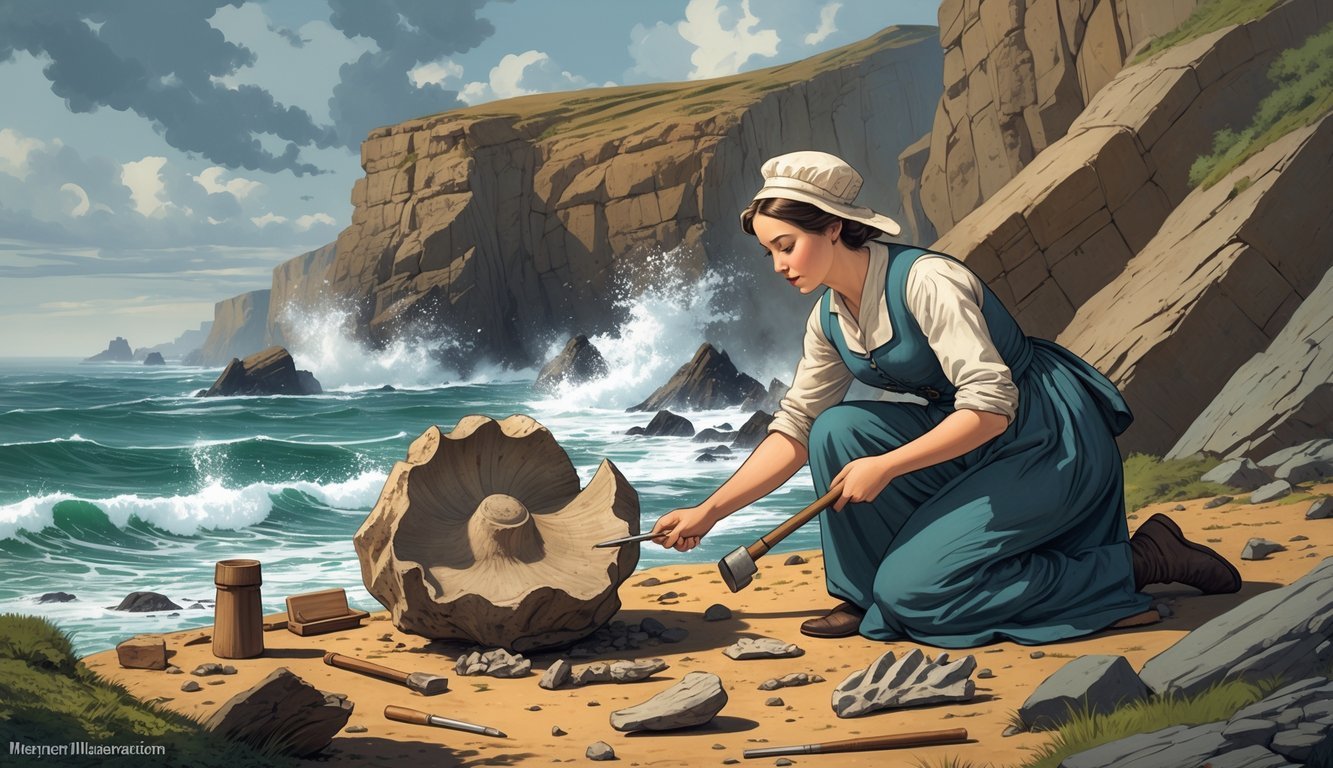 A woman in 19th-century clothing examines a large fossil on a rocky coastline with cliffs and waves in the background.