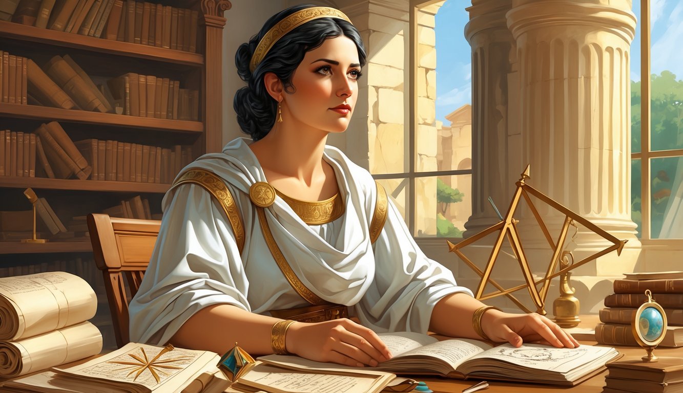 A woman in ancient Greek clothing sits at a desk with scrolls and scientific instruments, surrounded by classical architecture.