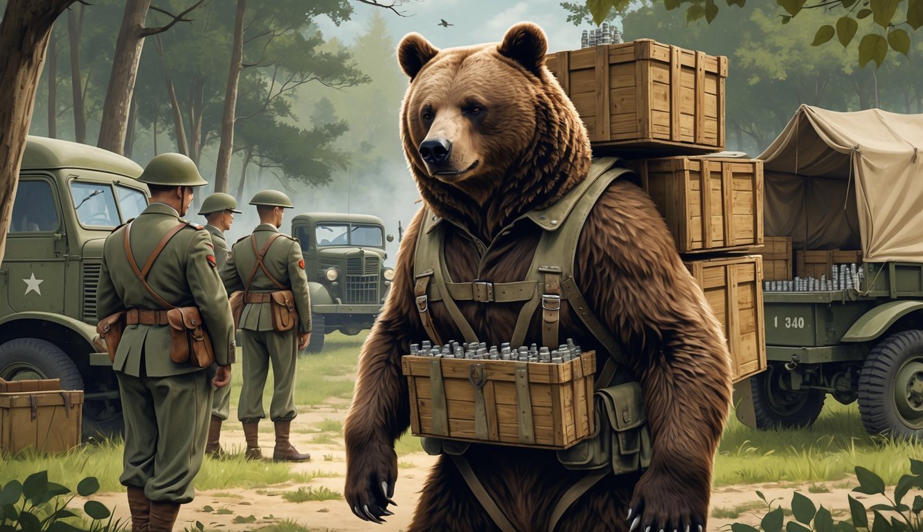 A large brown bear wearing a military harness carries ammunition crates on its back while WWII soldiers stand nearby in a forested wartime setting.