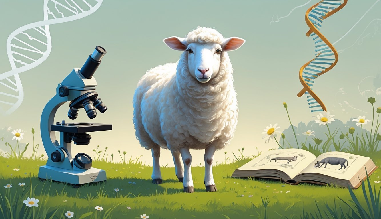 A white sheep standing calmly in a green field surrounded by symbols of science like a microscope, DNA strands, and an open book.