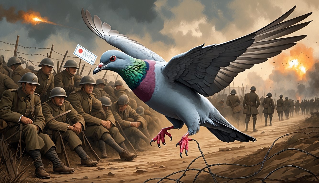 A carrier pigeon flying over World War I soldiers in trenches during battle, carrying a message capsule on its leg.
