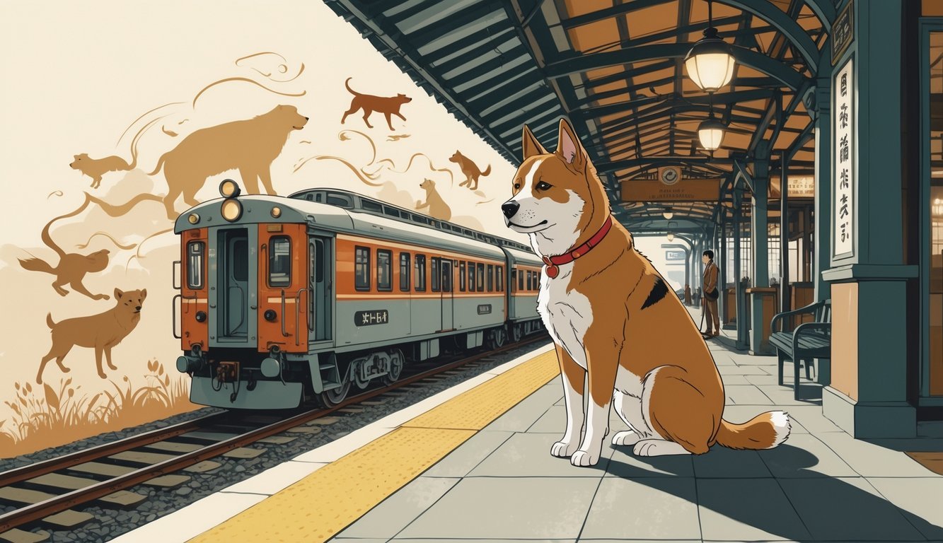 Hachiko, a loyal dog, sitting patiently at a historic train station platform with vintage trains in the background.