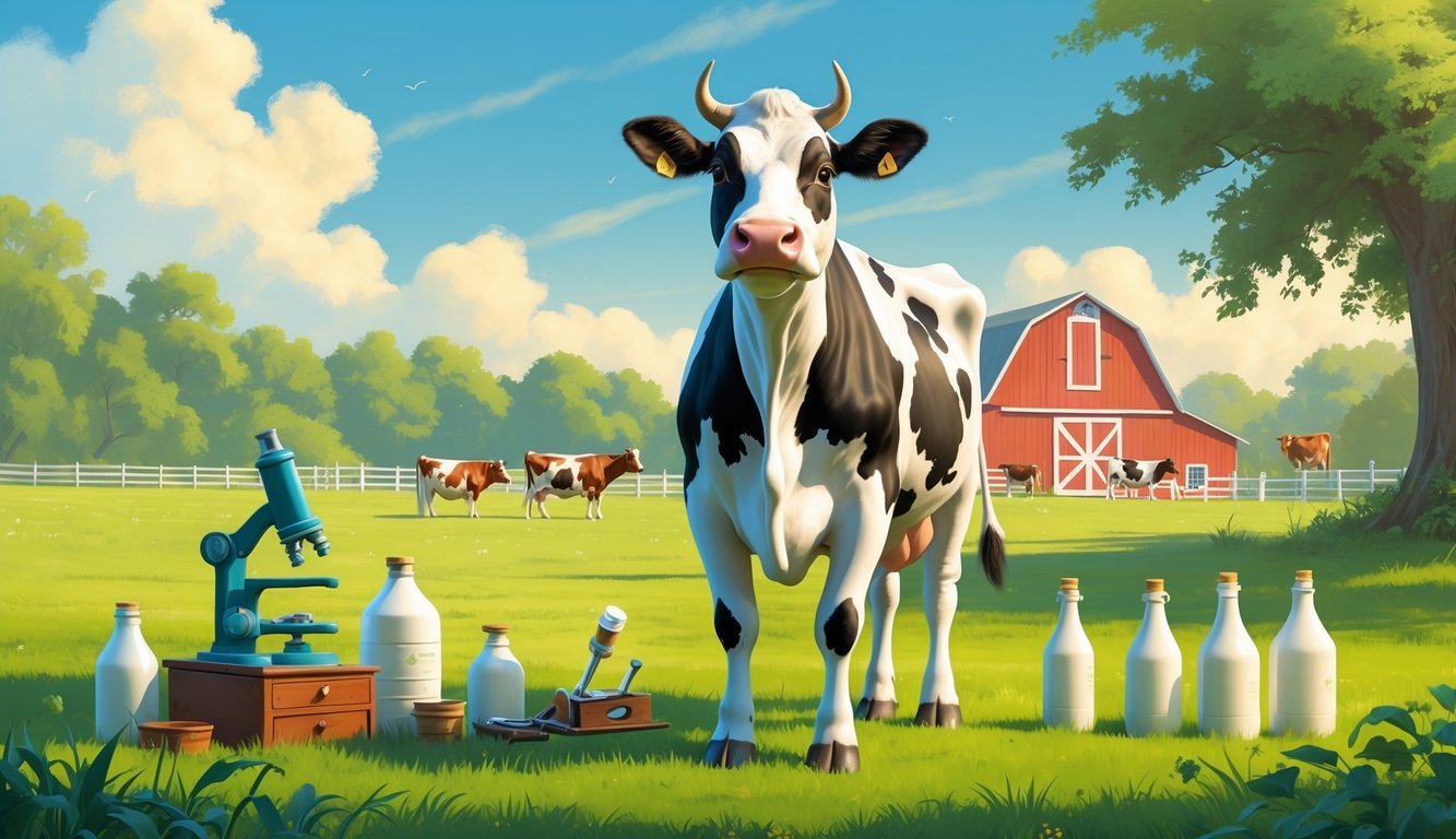 A cow standing in a green pasture near a red barn with vintage dairy science tools nearby.