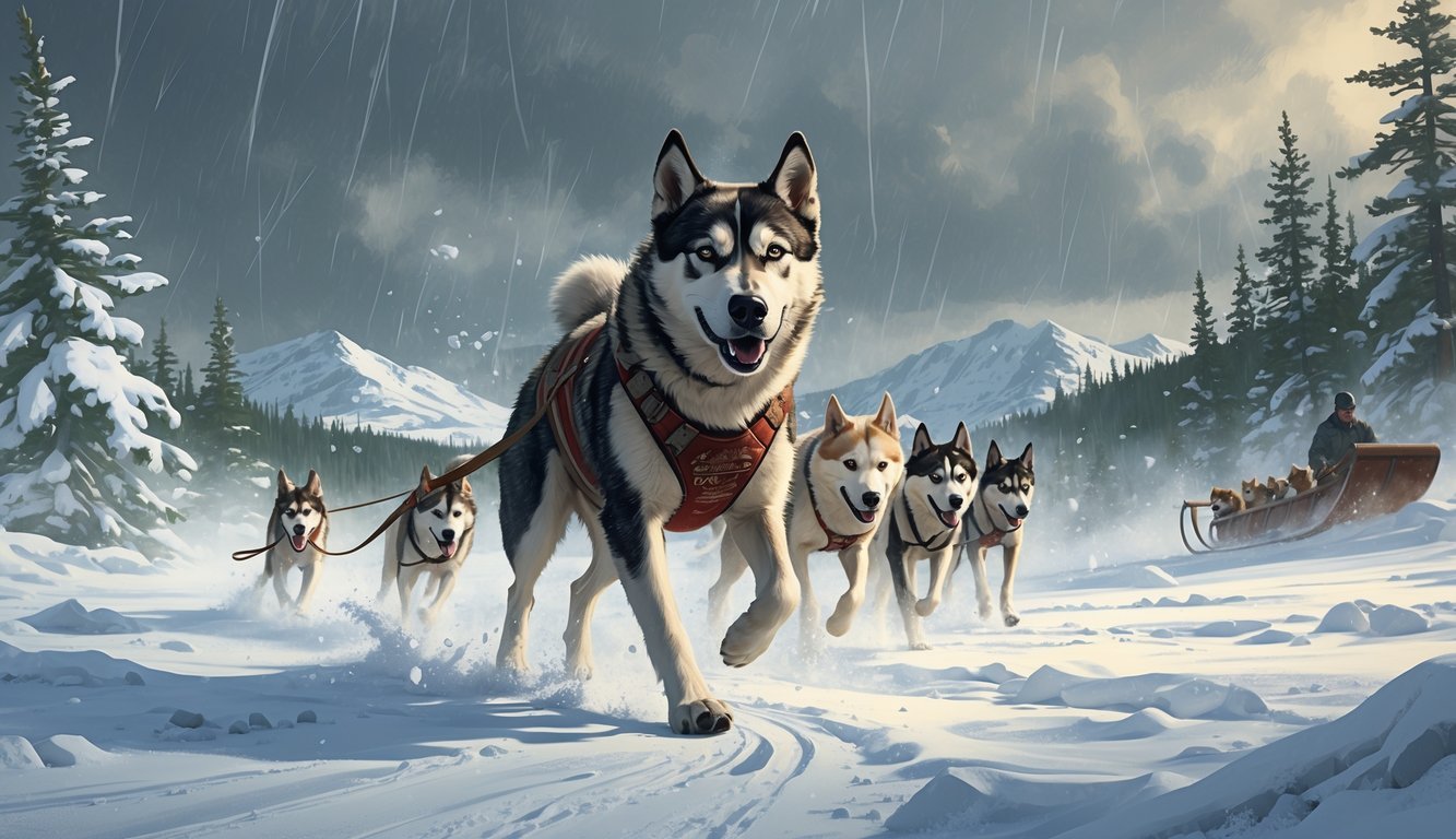 A sled dog leading a team of sled dogs through a snowy landscape with pine trees and mountains in the background.