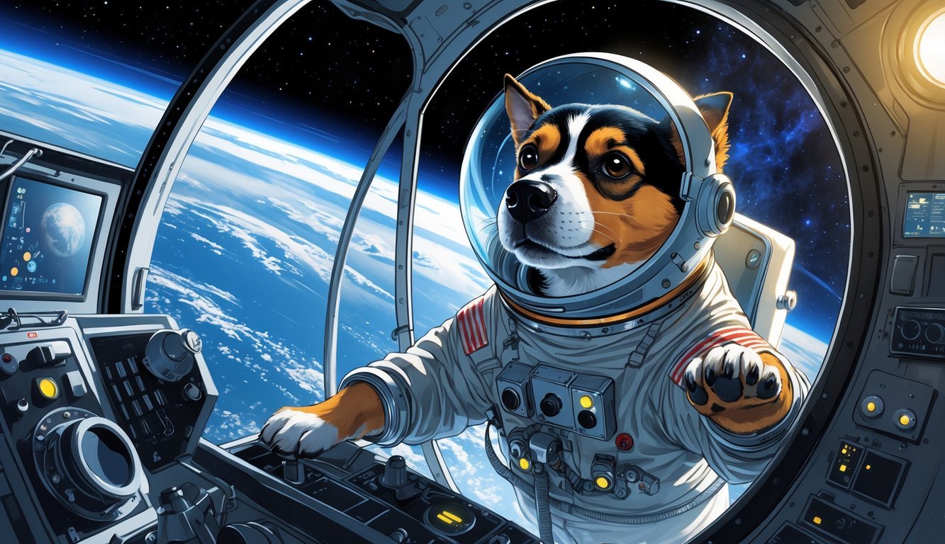 A small dog in a vintage space suit floating inside a spacecraft orbiting Earth, with stars and the planet visible outside the window.