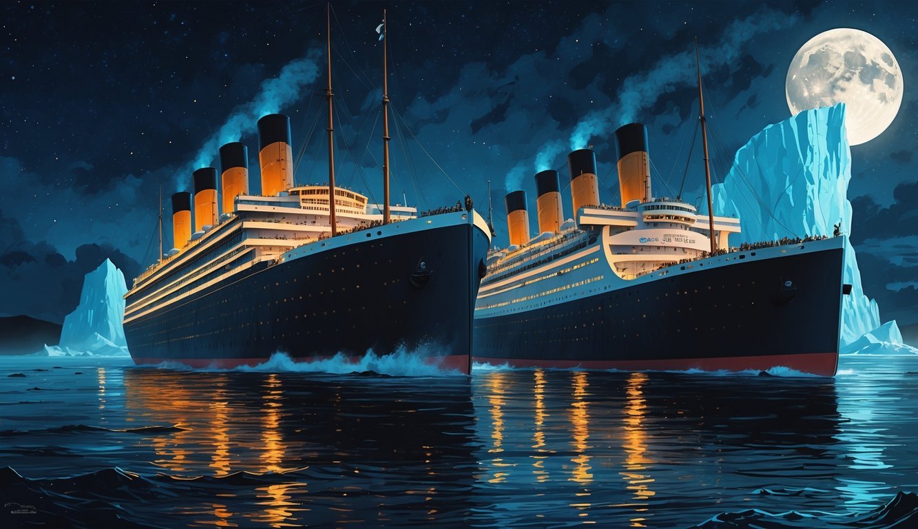 Two large early 20th-century ocean liners side by side at night near a large iceberg, with crew preparing lifeboats under a full moon.