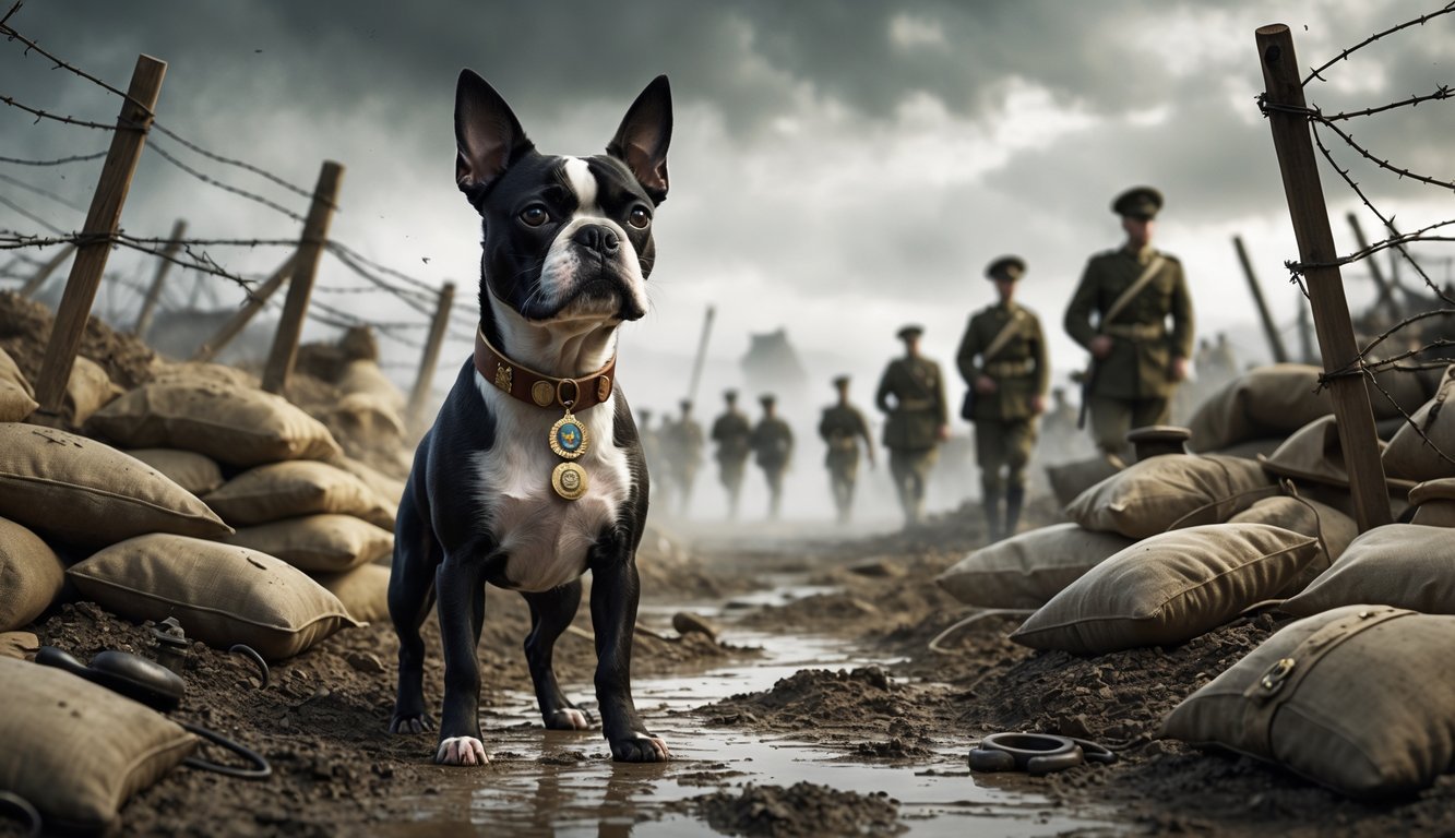 A Boston Terrier dog wearing military medals stands alert in a World War I trench with soldiers and battlefield elements in the background.