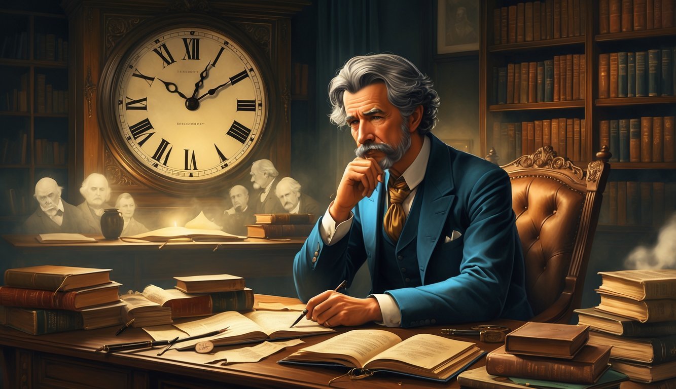 Mark Twain sitting at a wooden desk in a dimly lit study surrounded by books and antique furniture, with a large clock showing midnight and faint ghostly images of historical events around him.