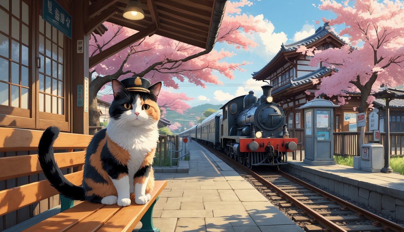 A calico cat wearing a stationmaster's hat sits on a bench at a rural Japanese train station with cherry blossoms and a train in the background.