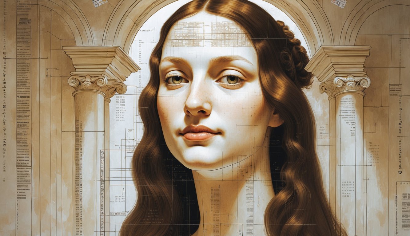 Close-up of the Mona Lisa's face with faint hidden symbols and patterns around her smile, set against subtle architectural elements suggesting secret messages.