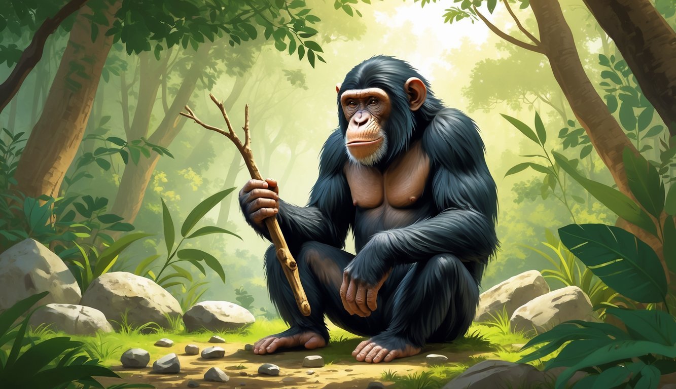 A chimpanzee sitting in a forest holding a twig, surrounded by stones and sticks, illustrating early tool use.