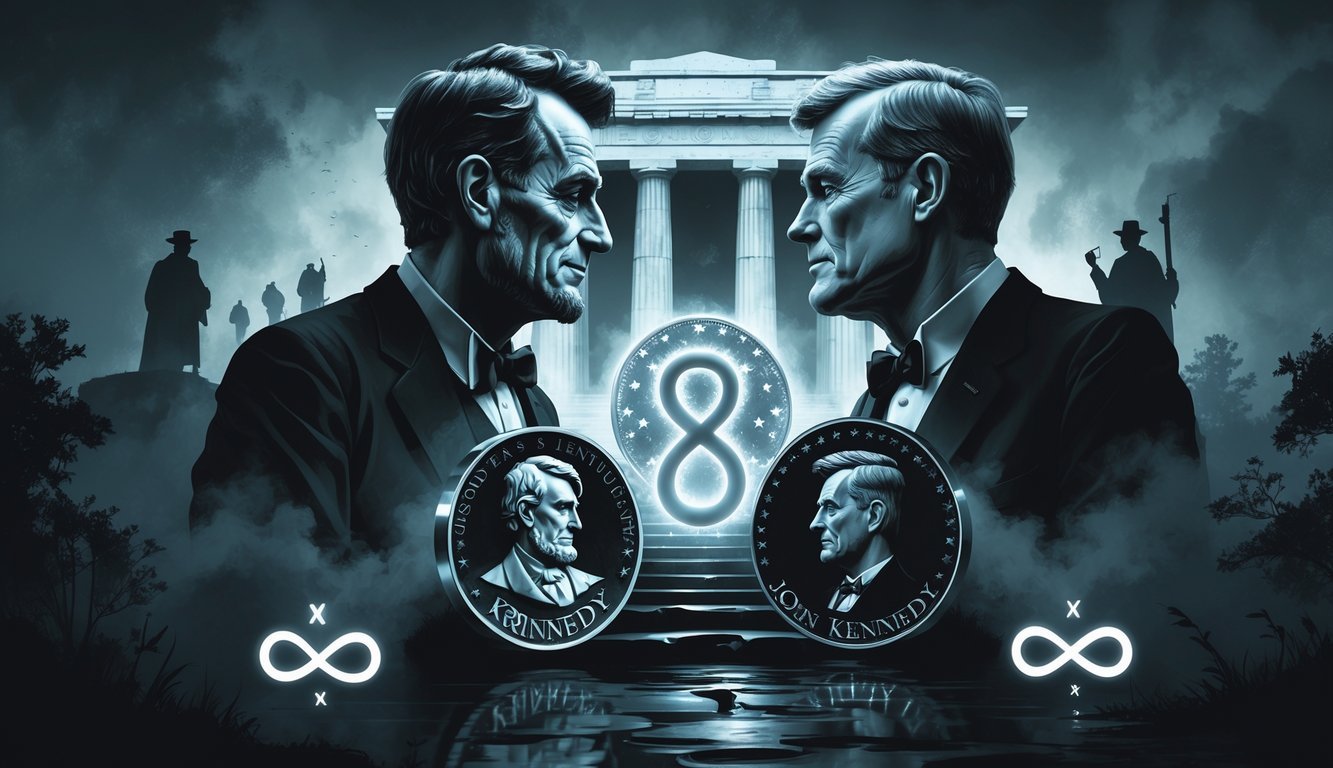 Two glowing coins featuring Abraham Lincoln and John F. Kennedy surrounded by symbols of the number eight, with faint images of the Lincoln Memorial and Kennedy Presidential Seal in a misty, dark background.