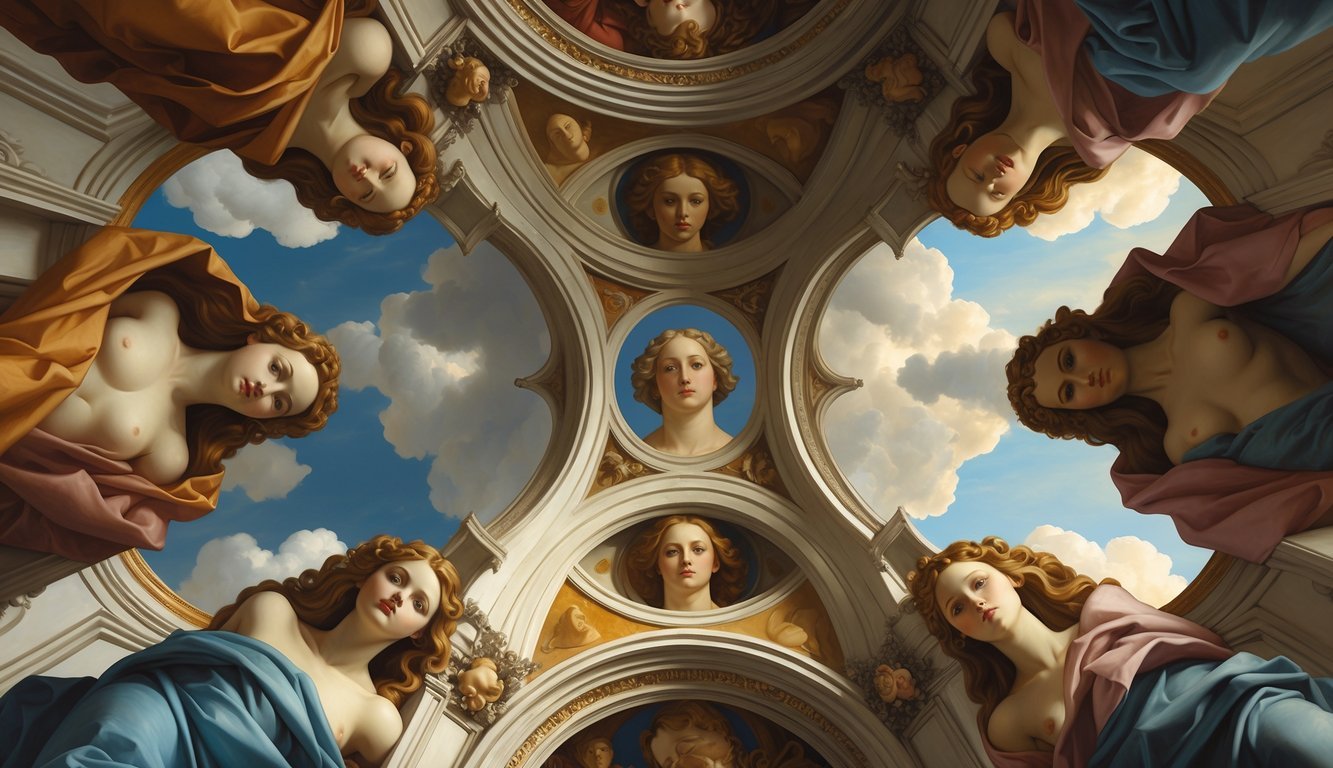 A detailed view of a grand ceiling with multiple hidden human faces subtly blended into the painted figures, drapery, and architectural elements.