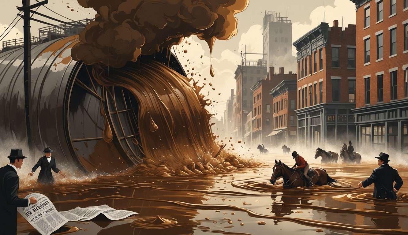 A large wave of molasses flooding city streets as people and horses try to escape, with early 1900s buildings in the background.