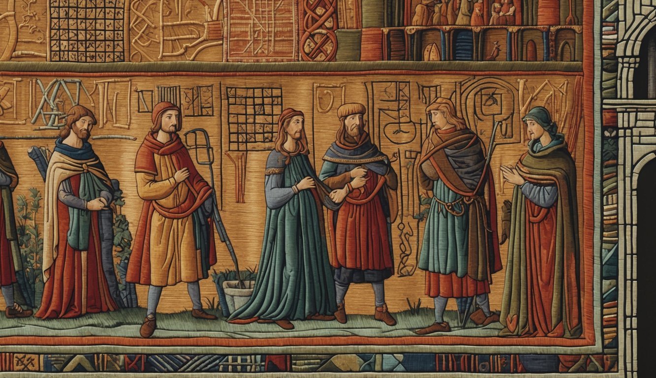 A detailed scene showing a section of the Bayeux Tapestry with hidden mysterious symbols woven into the medieval embroidery, surrounded by faint medieval architectural elements.