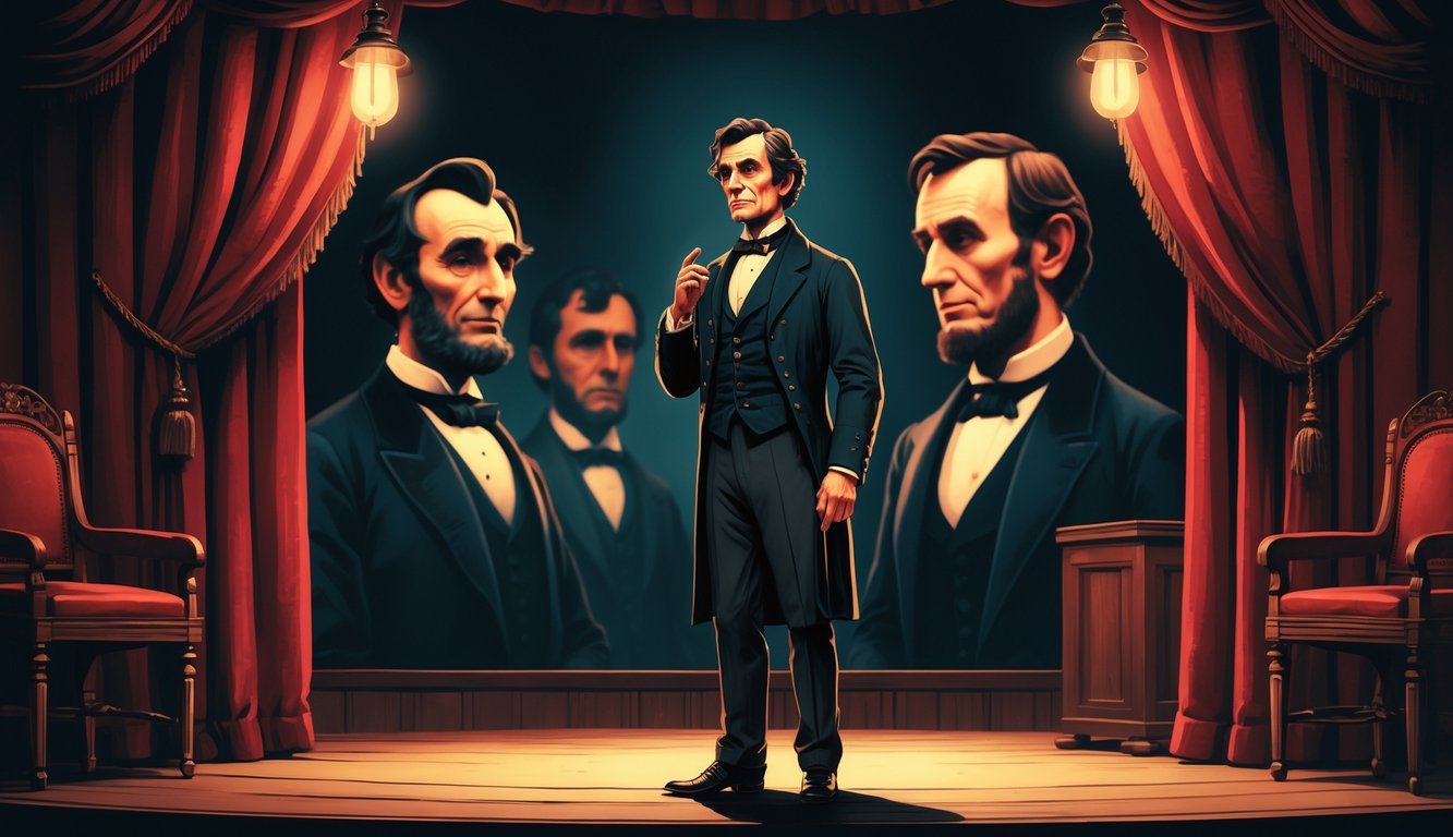 Edwin Booth standing on a 19th-century theater stage with faint ghostly images of Abraham Lincoln and John Wilkes Booth in the background.