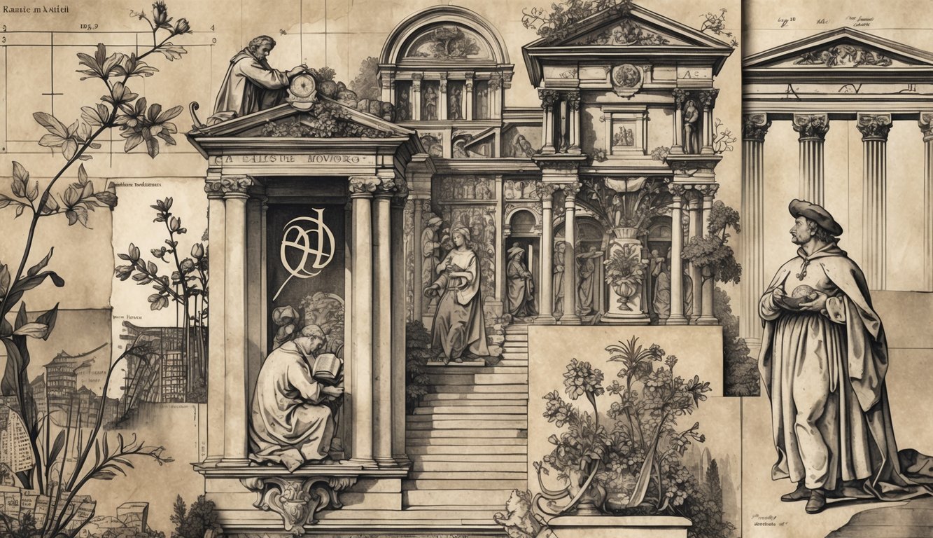 A detailed illustration showing a collage of old engravings with hidden symbolic elements subtly integrated into the artwork, including figures, architecture, and natural motifs.