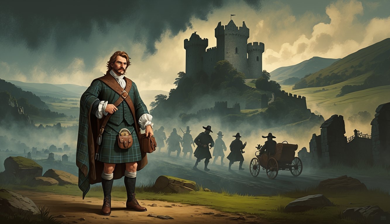 A man in Scottish Highland clothes holding a pistol and coins stands in front of scenes showing historical robberies, including bandits and a stagecoach ambush, set against a misty highland landscape.