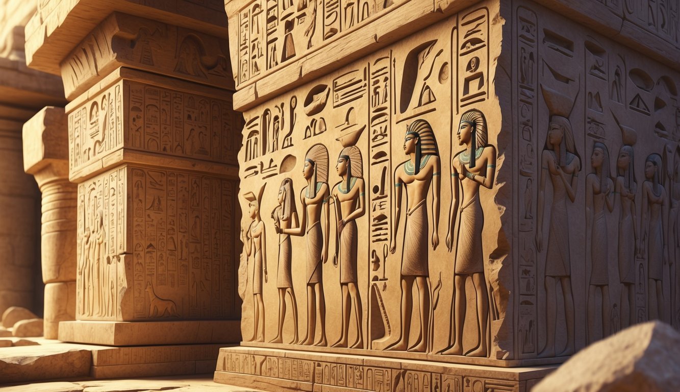 Close-up view of ancient Egyptian temple walls covered in detailed hieroglyphic carvings depicting gods and symbols.