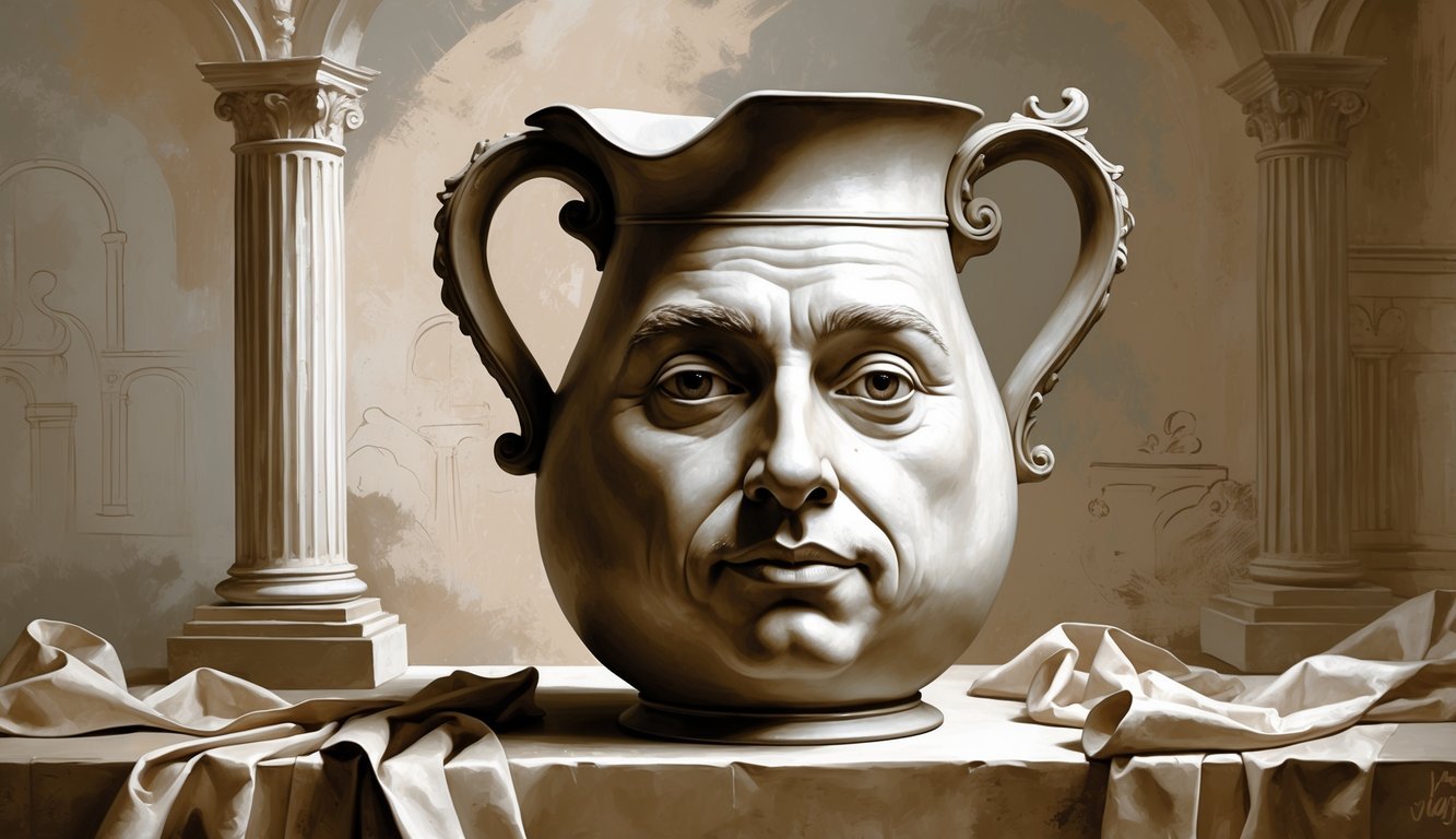A wine jug shaped to resemble an artist’s face, surrounded by subtle symbolic patterns and architectural motifs.