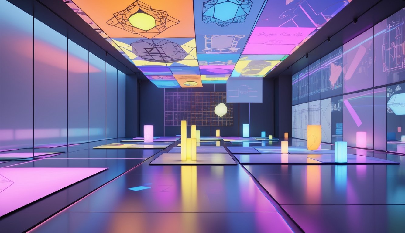 A modern gallery installation with glowing light patterns revealing hidden geometric shapes and symbolic forms floating in space.