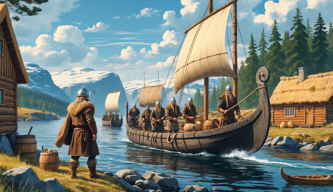 A group of Vikings wearing realistic helmets without horns, performing daily tasks near a Viking longship and wooden houses in a Nordic landscape.