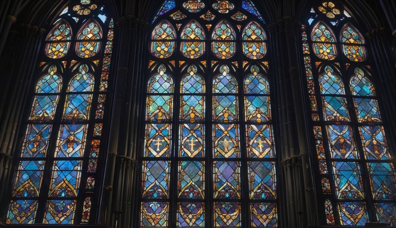 A stained glass window in a medieval cathedral showing colorful patterns with small cross symbols hidden within the designs.