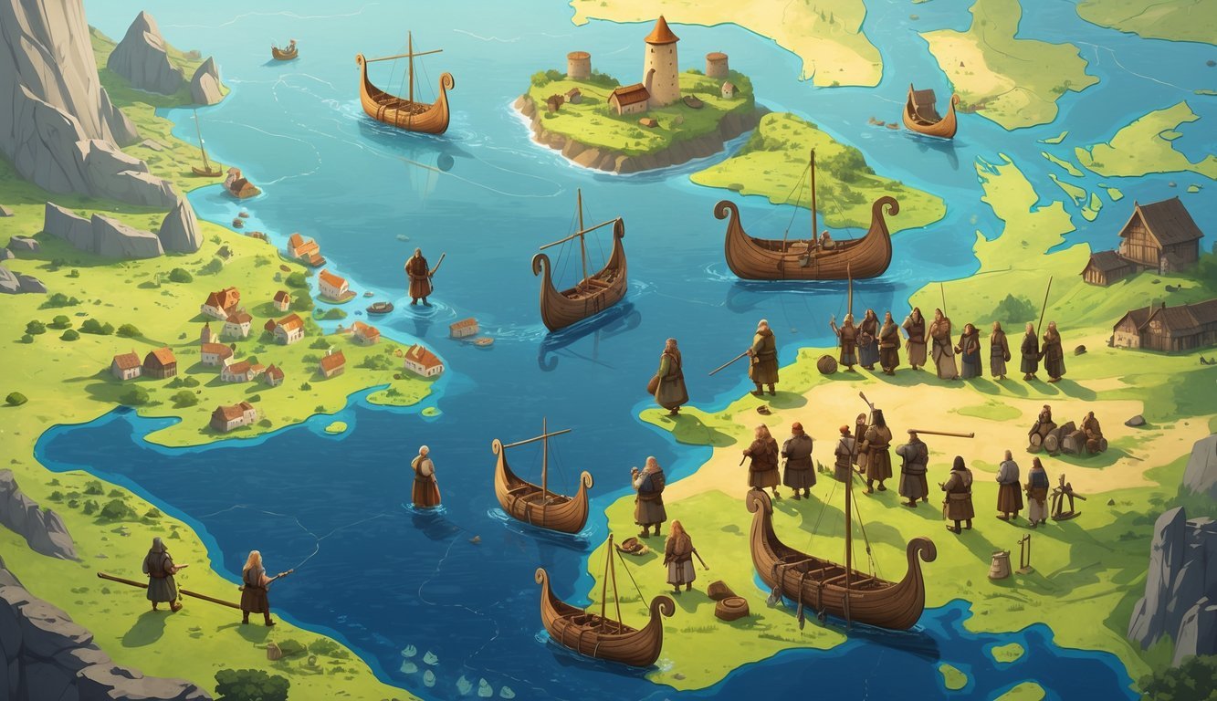 Vikings arriving and settling in various European coastal villages, interacting with local communities and engaging in daily activities, with a map showing their widespread settlements across Europe.