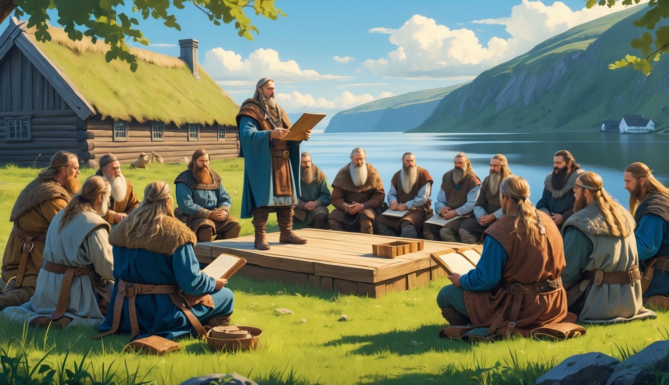 Vikings gathered outdoors in a legal assembly with a chieftain speaking, surrounded by attentive men and women in a Nordic village setting.