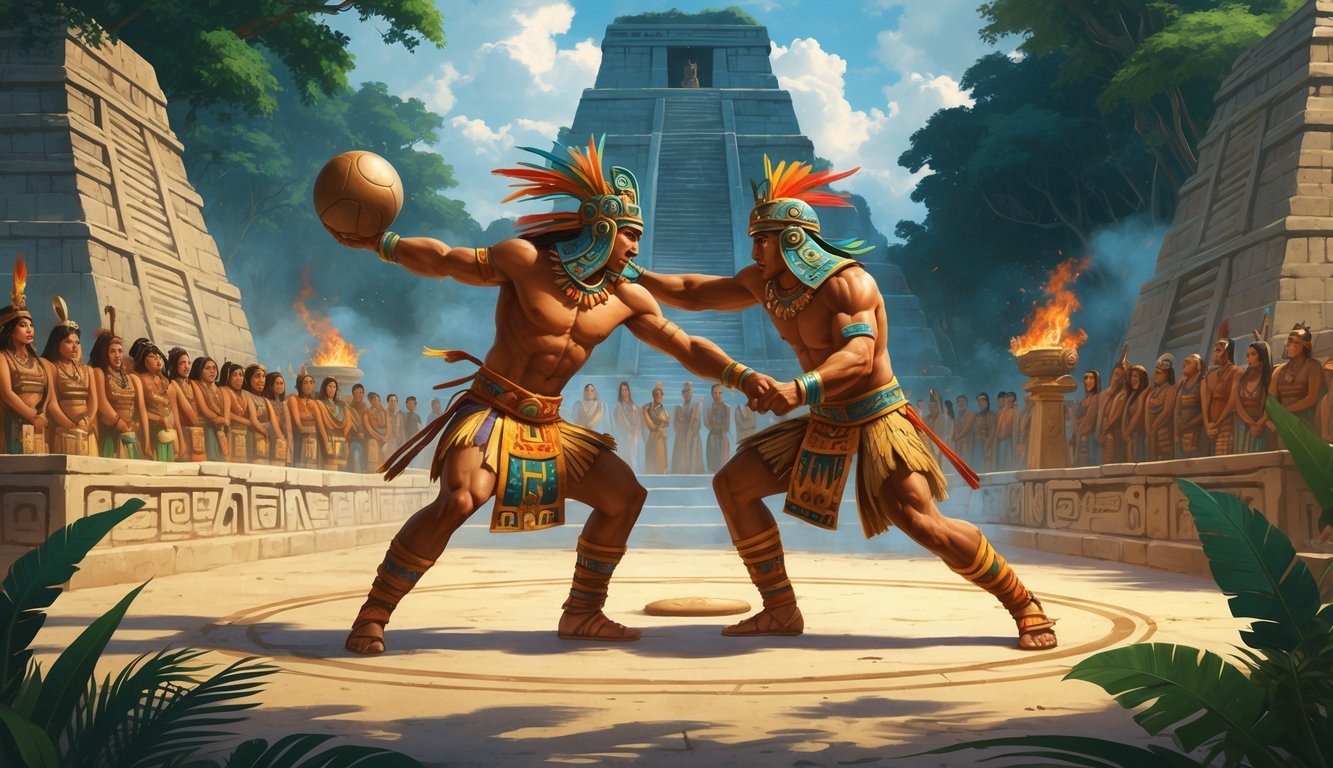 Two Mayan players fiercely competing in an ancient ballgame on a stone court surrounded by pyramids and spectators, with an altar in the background suggesting a ritual sacrifice.