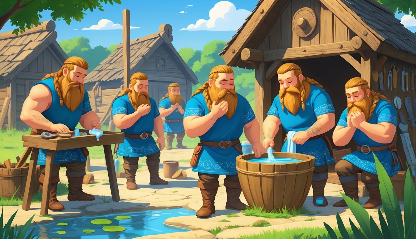 Vikings with neatly braided hair and clean clothing washing and grooming themselves in a tidy village setting.