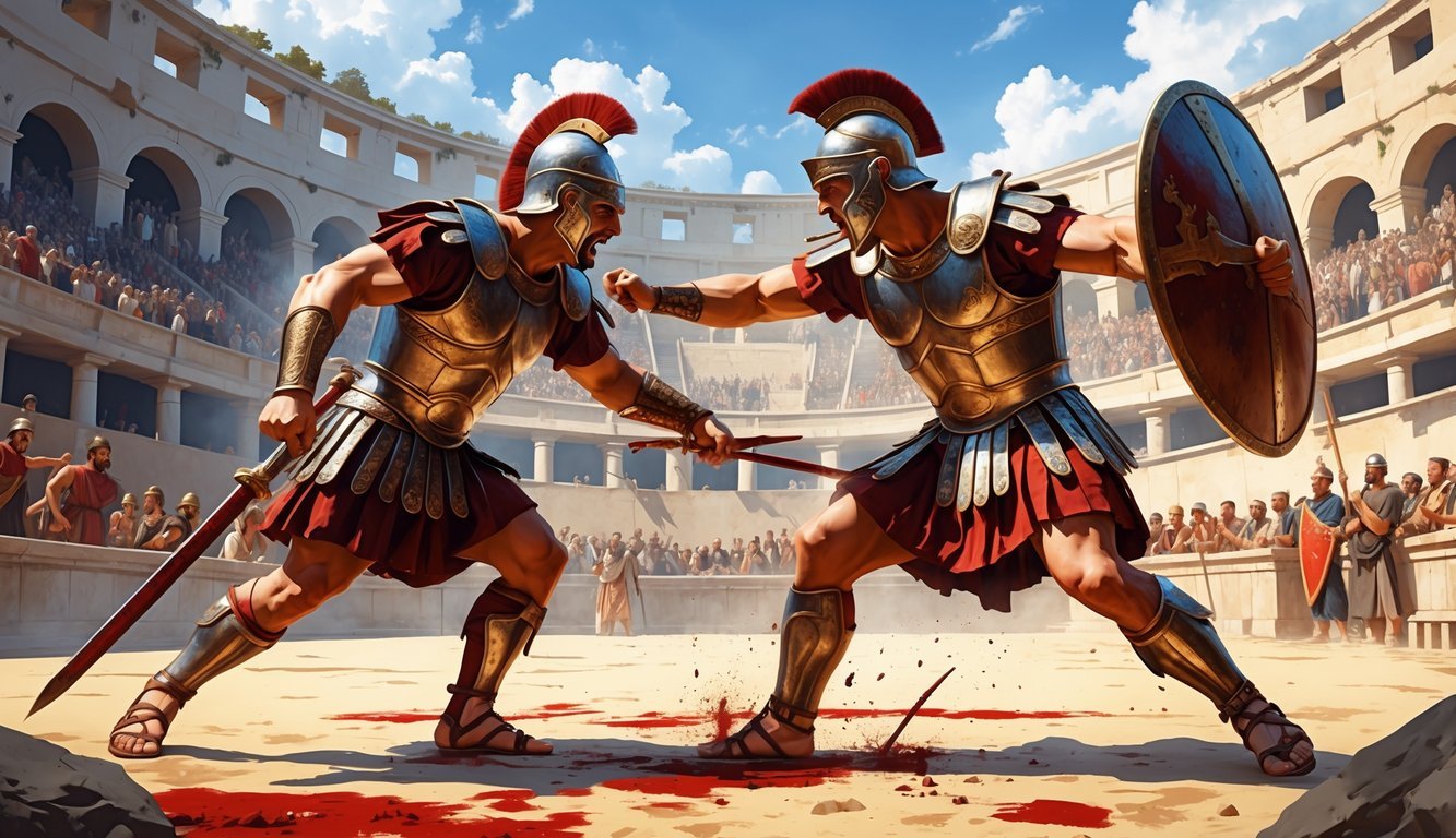 Two Roman gladiators fighting fiercely in an ancient arena with blood on the ground and spectators watching from stone seats.