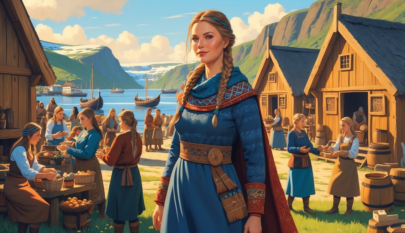 A Viking woman stands confidently in a busy village with other women working and trading, surrounded by traditional wooden houses and ships by a fjord.