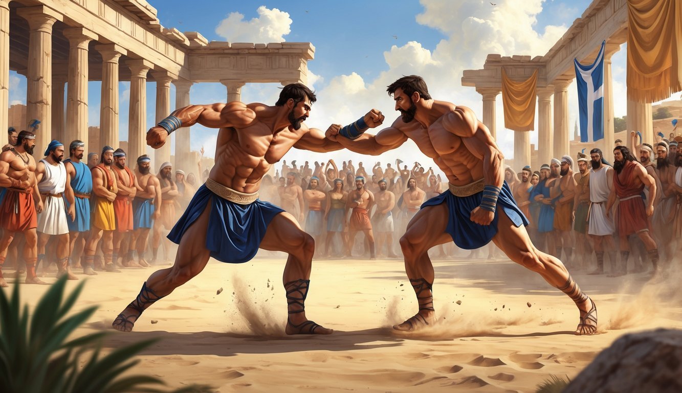 Two ancient Greek athletes fiercely grappling in a sandy arena surrounded by spectators and classical architecture.