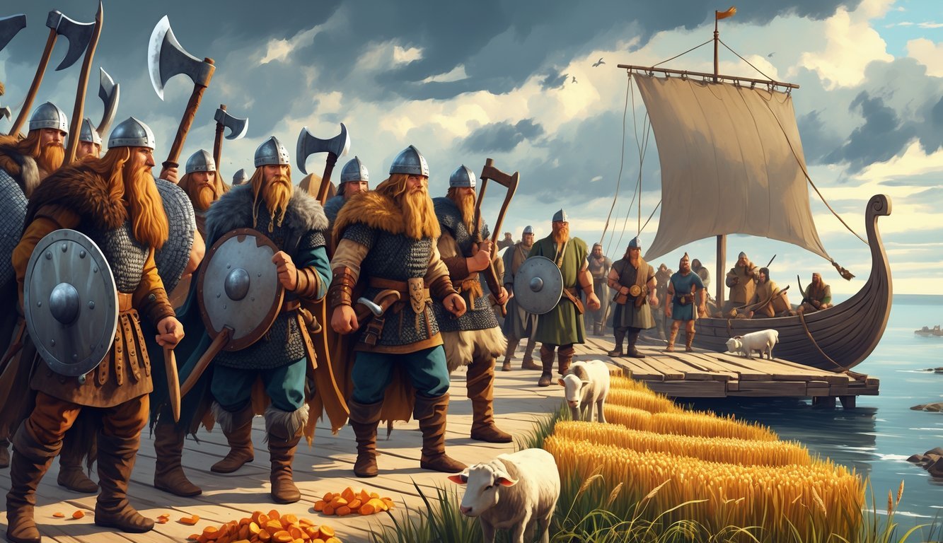 A group of Vikings showing warriors with weapons, merchants trading goods by the shore, and farmers tending crops and animals near a docked longship.