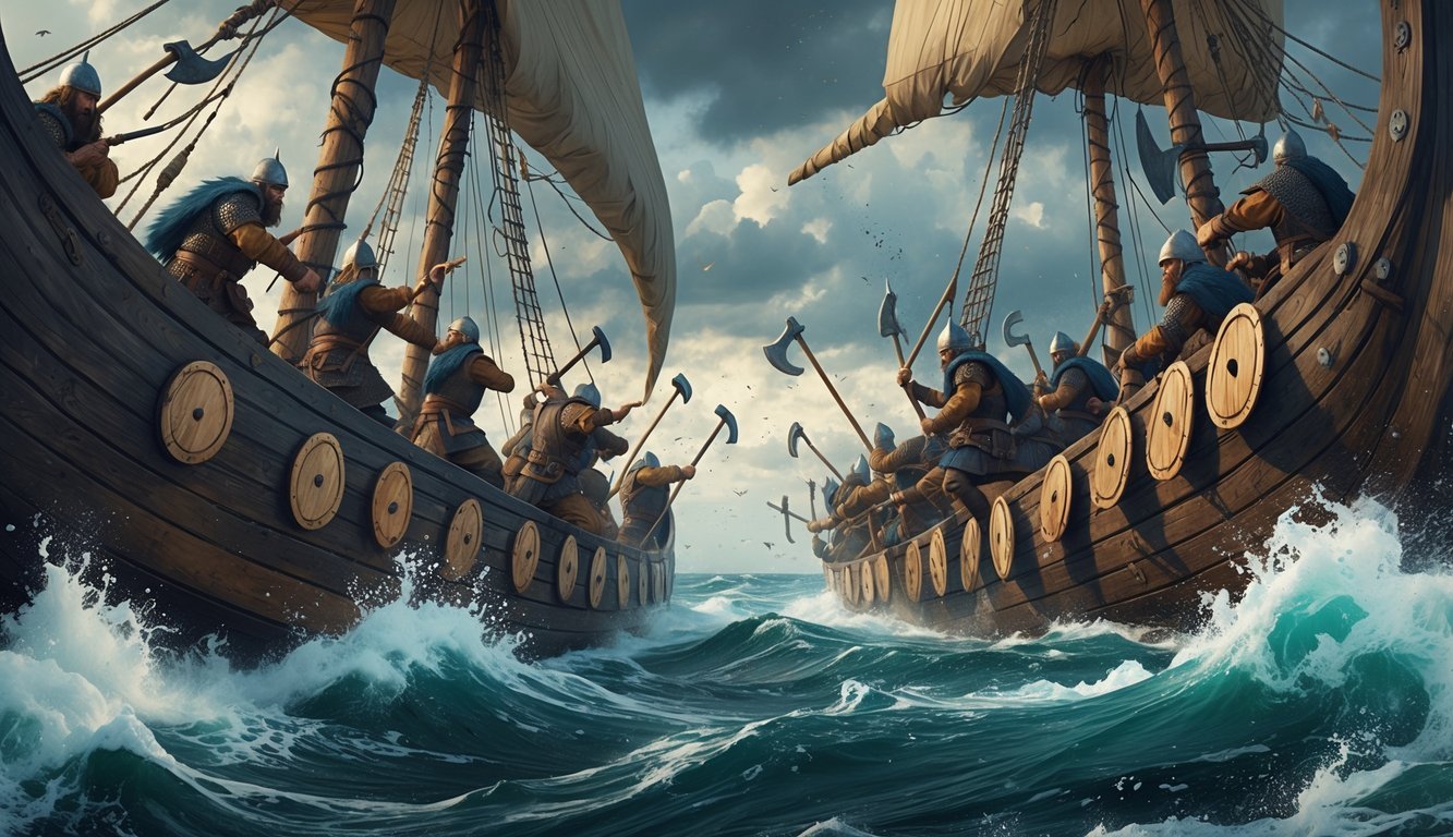 Two Viking ships close together on rough seas with warriors preparing for ship-to-ship combat during a naval training drill.