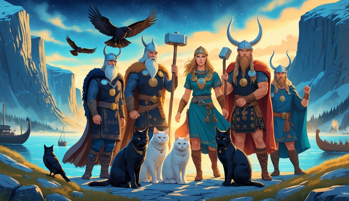 A scene showing several Norse gods including Odin, Freyja, Thor, and Baldr in a Nordic landscape with fjords and Northern Lights.