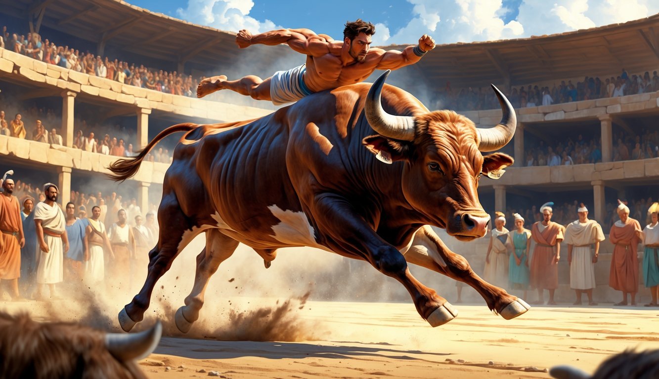An athlete leaping over a charging bull in an ancient arena with spectators watching.