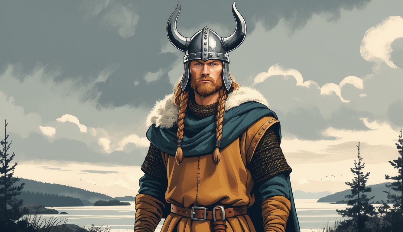 A Viking warrior wearing a simple iron-capped helmet and traditional clothing standing in a Nordic landscape with fjords and pine trees.