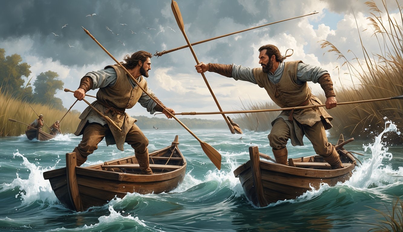 Two fishermen jousting on small wooden boats in a rough river, each aiming a lance at the other during a dangerous competition.