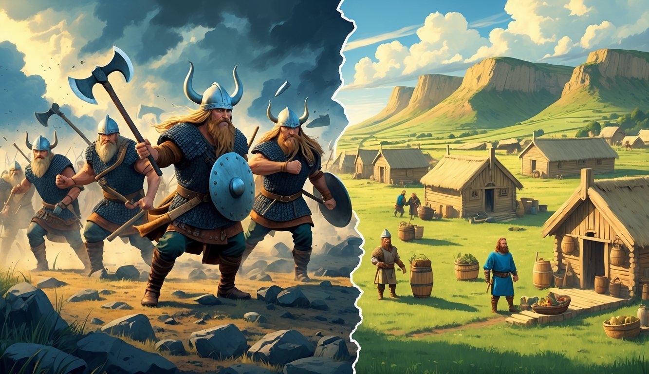 A scene showing Viking warriors in armor on one side and a peaceful Viking village with people farming and trading on the other side.
