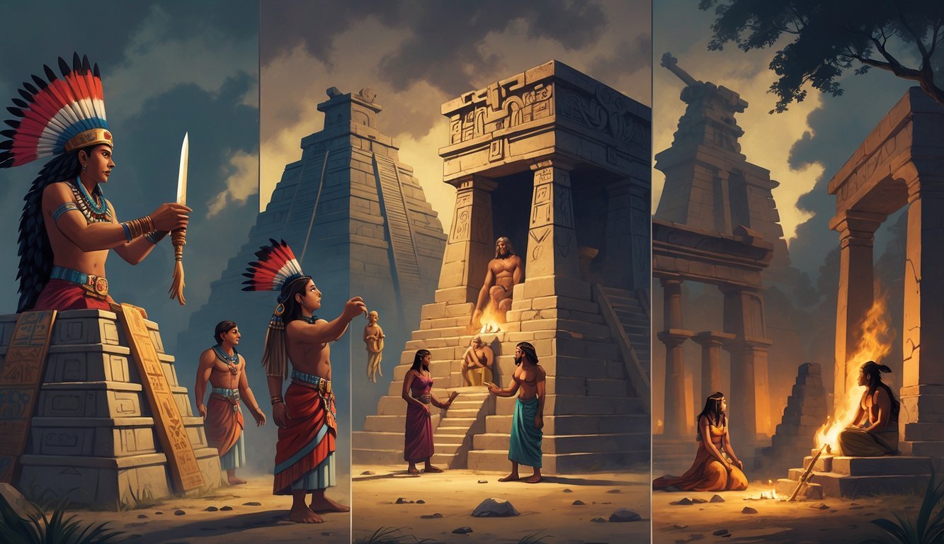 A scene showing human sacrifice rituals from various ancient cultures, including Aztec, Mayan, Egyptian, and Norse ceremonies, with priests, temples, and ritual objects in a somber twilight setting.