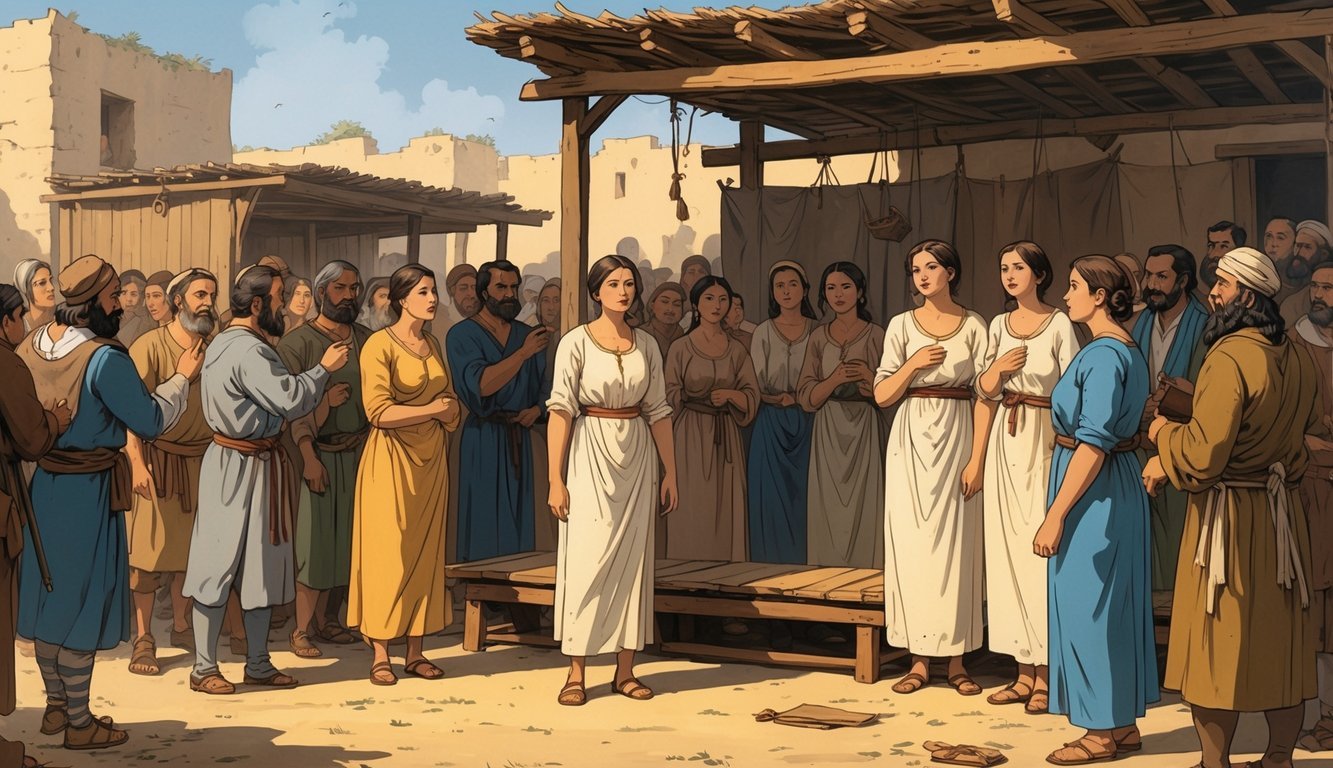 A group of women standing on a platform in an ancient marketplace while men in traditional clothing bid for them in a public auction.