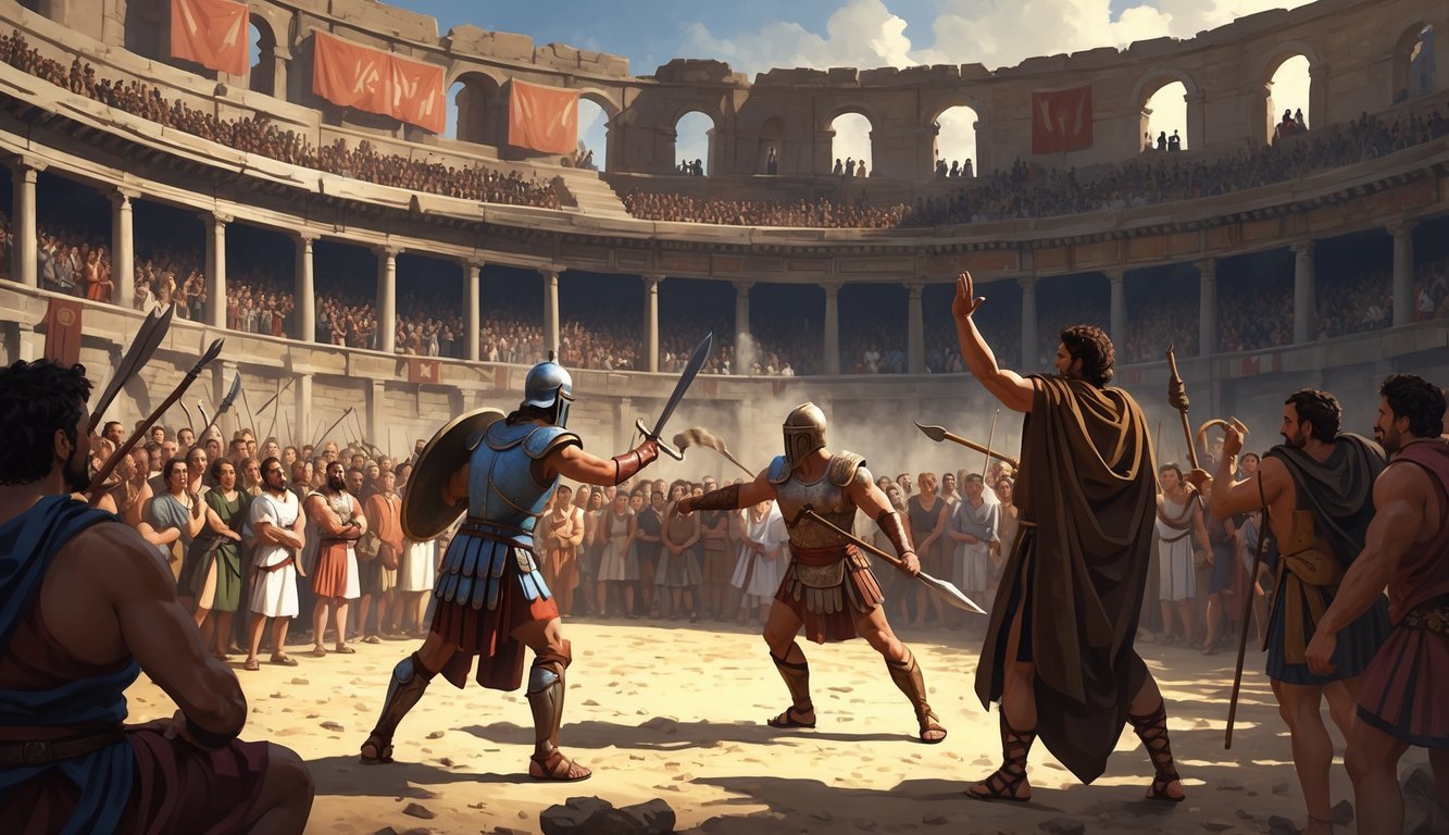 Two gladiators fighting in an ancient Roman arena with a large crowd watching and a Roman official signaling nearby.