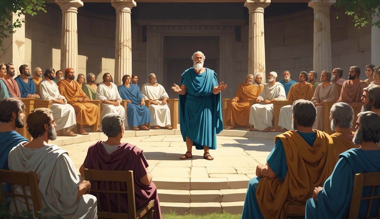 Socrates standing and speaking before a seated assembly of ancient Athenian citizens and judges in a classical courtroom setting.