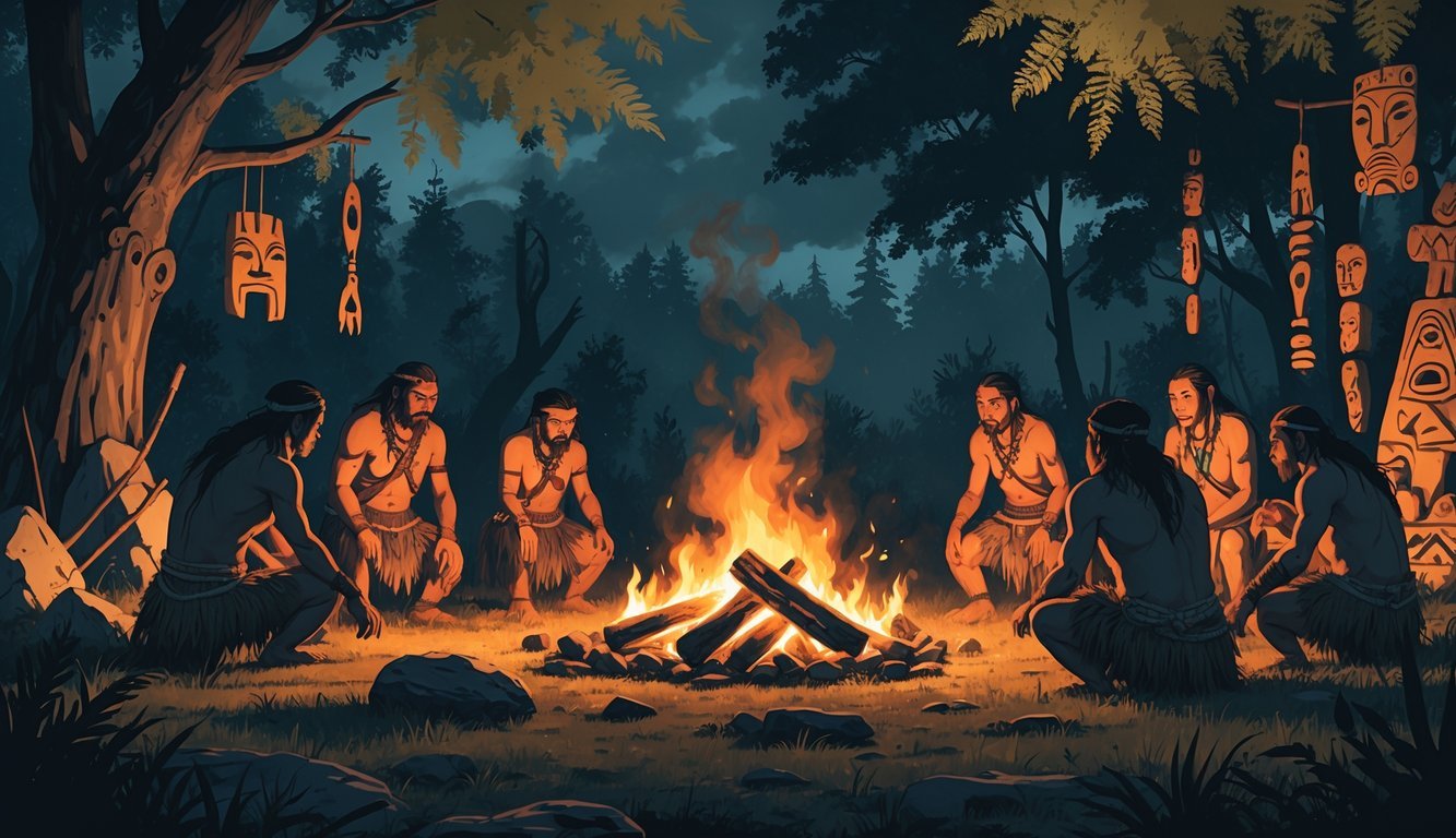 A prehistoric tribe gathered around a fire in a forest clearing, performing a solemn ritual with ancient tools and masks nearby.