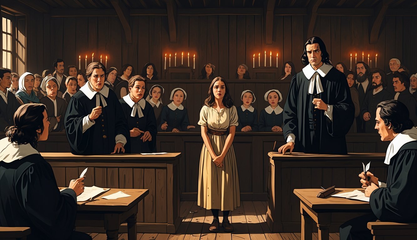 A young woman stands accused in a 17th-century courtroom during the Salem Witch Trials, surrounded by judges and anxious spectators.