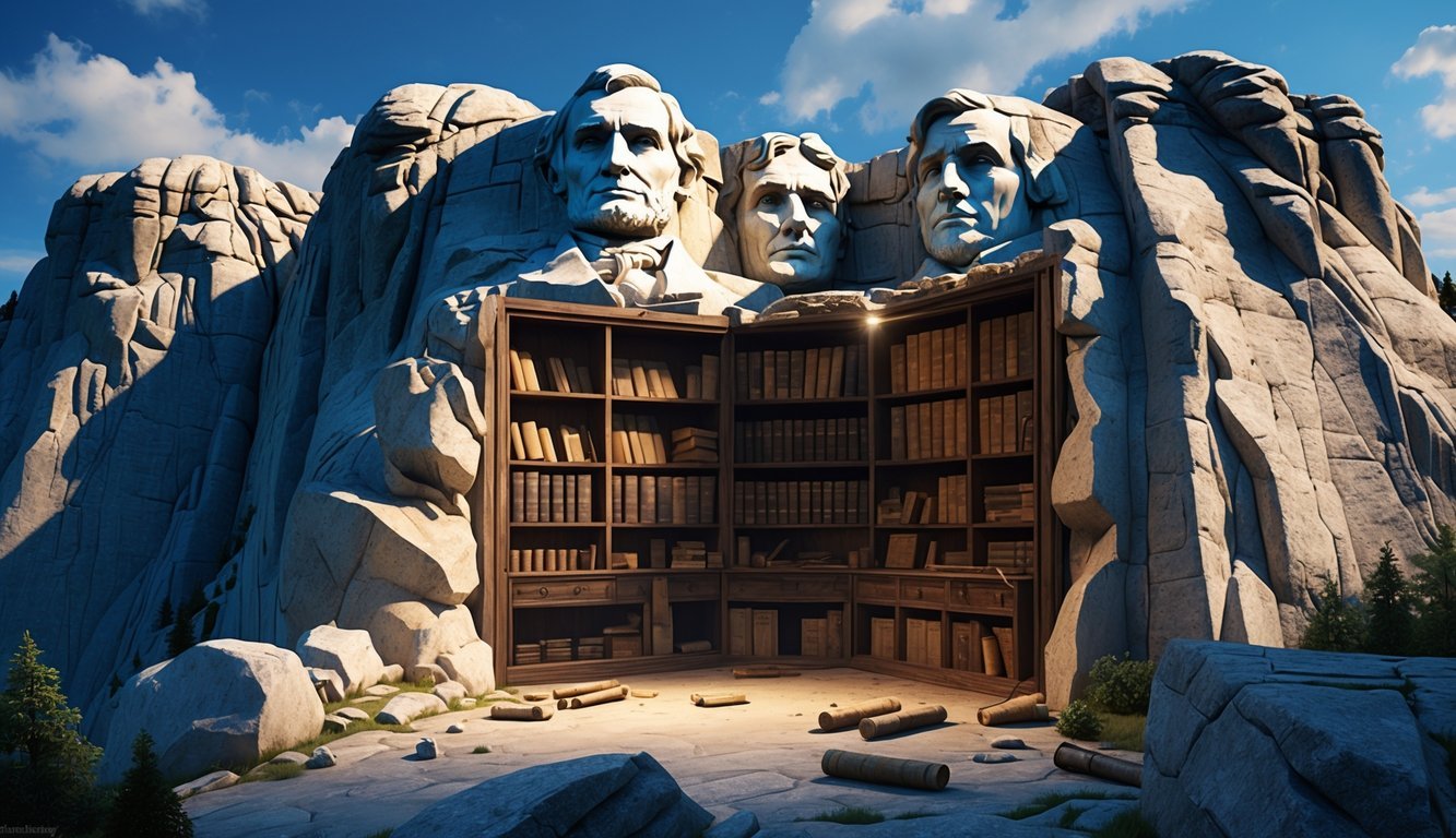 Cutaway view of Mount Rushmore showing a secret records room hidden behind Abraham Lincoln's head filled with shelves of old documents.