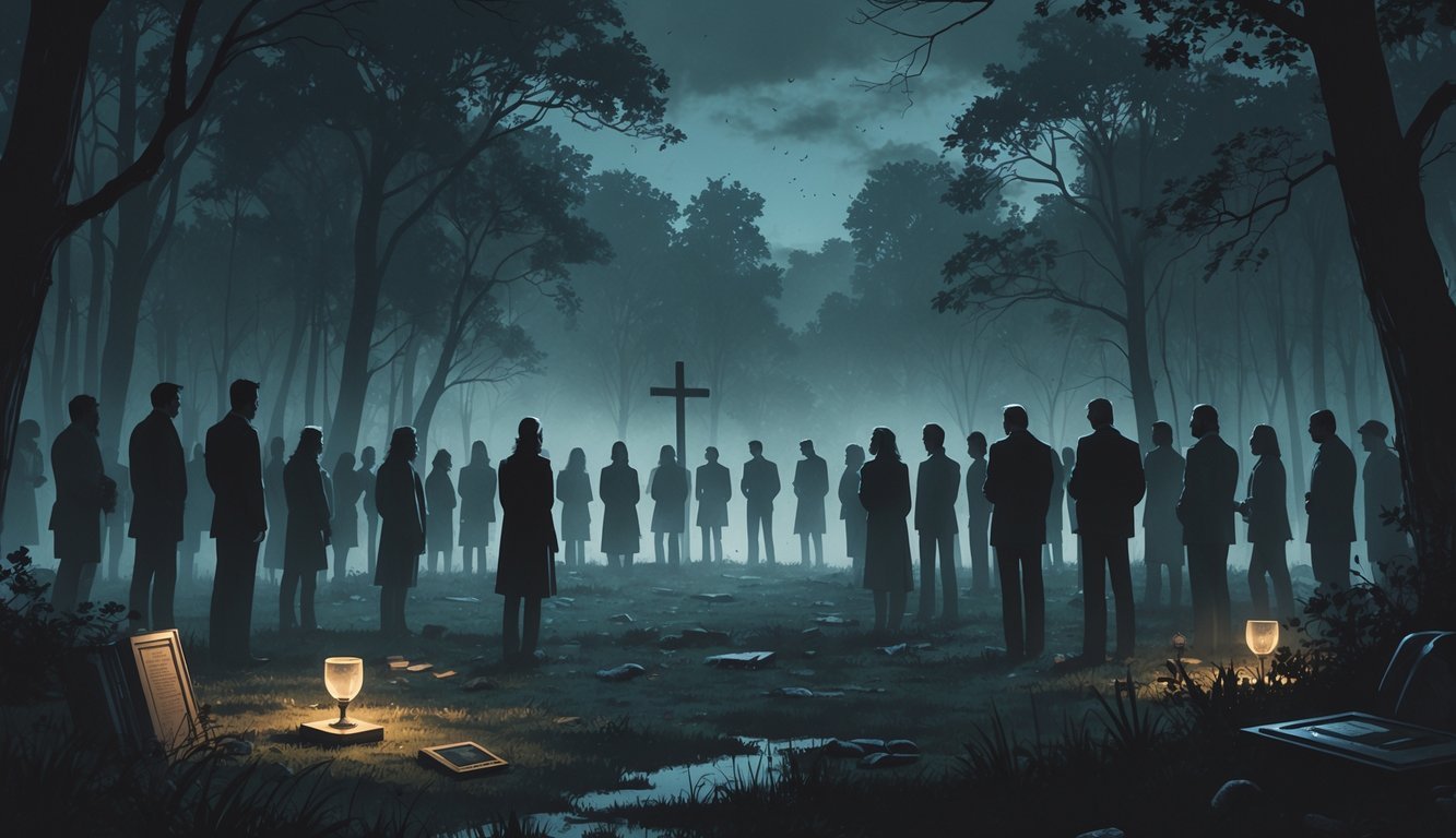 A dark forest clearing at dusk with shadowy figures gathered in a tense ritual, surrounded by vintage objects and a misty atmosphere conveying a somber and unsettling mood.
