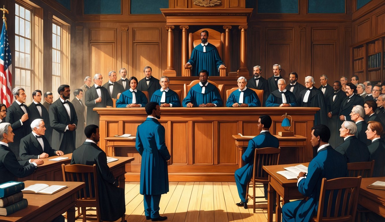 A 19th-century courtroom scene showing Dred Scott standing before judges and lawyers during a historic trial about citizenship in America.
